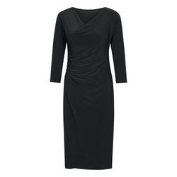 Rumpfs RU5523 Damen-Kleid: Schwarzes, langärmliges, knielanges Kleid mit V-Ausschnitt und gerüschter Taille.