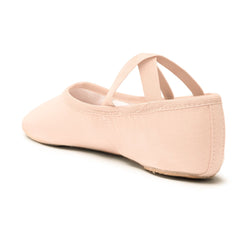 Eine Seitenansicht des rosa Ballettschläppchens Rumpf SD16 Só Dança mit elastischen Trägern, hergestellt aus Leinen-Stretch-Material.