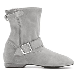Rumpf 8835, graue Wildlederstiefelette mit seitlichem Reißverschluss und Schnallenriemen, ideal für West Coast Swing.