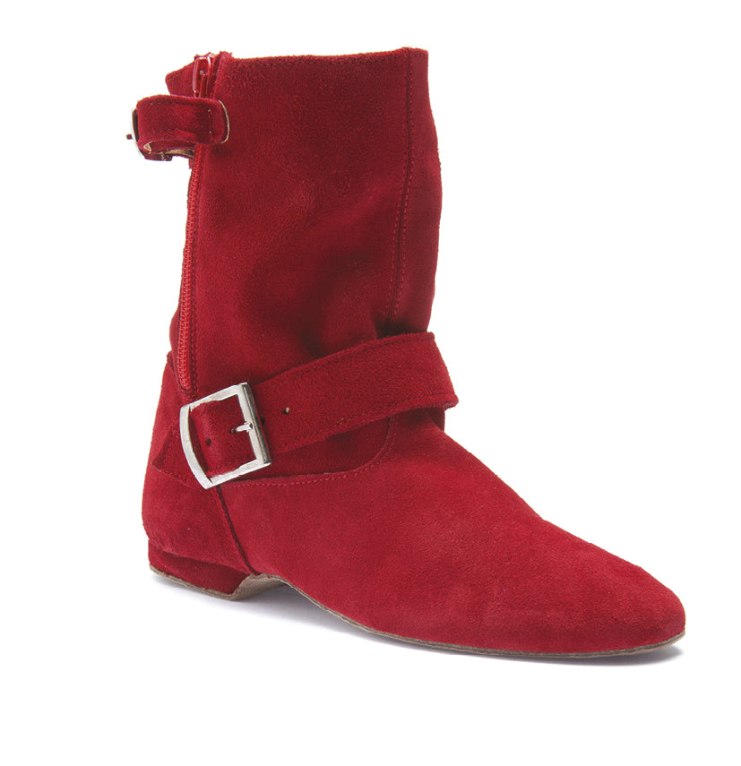 Rumpf 8835 Stiefelette, rotes Wildleder, ideal für West Coast Swing, mit Schnallenriemen und seitlichem Reißverschluss.