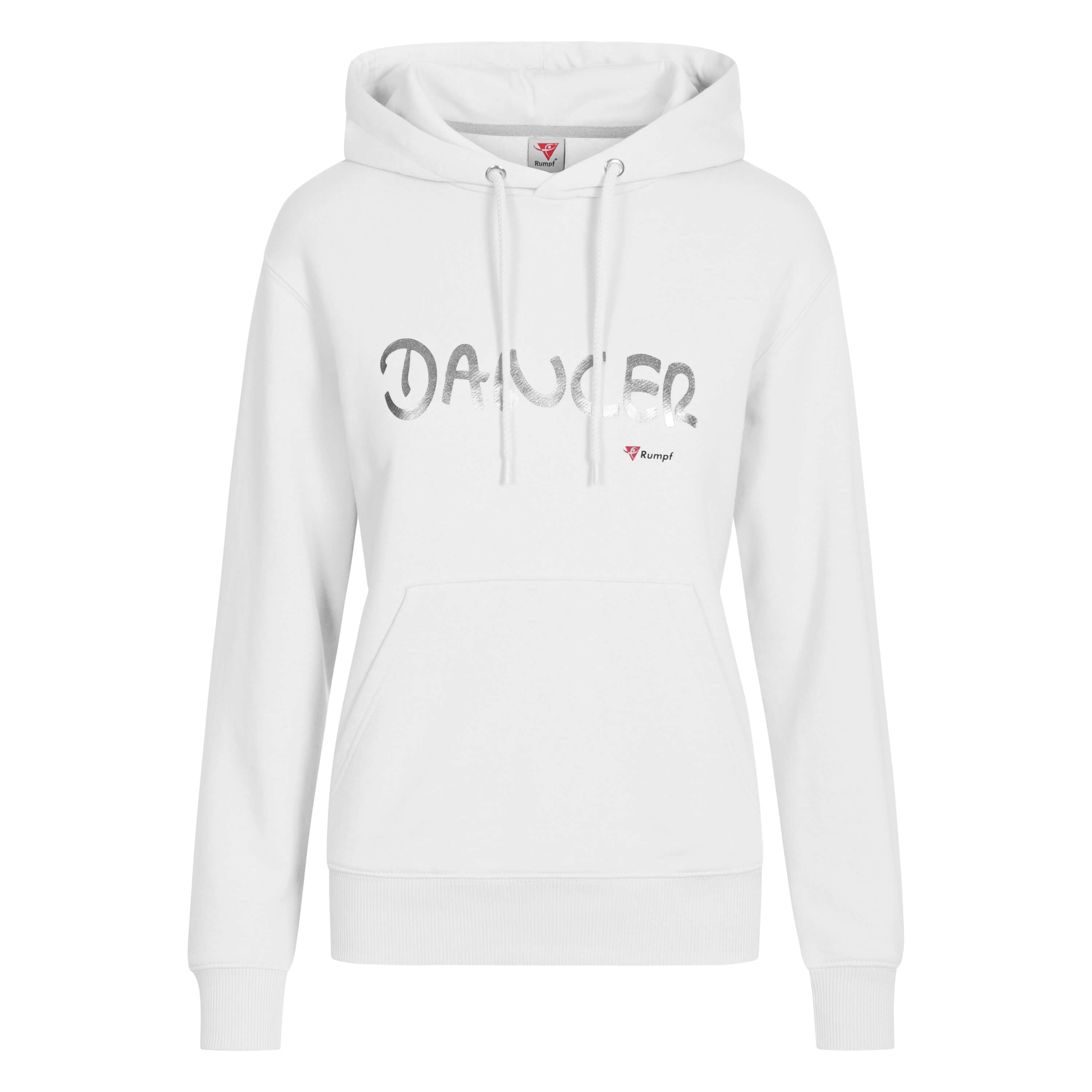 Rumpfs R4012 Dancer Hoodie in Weiss: Unisex, grauer „Dancer“-Aufdruck, Kängurutasche – ideal zum Tanzen im Freien.