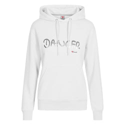 Rumpfs R4012 Dancer Hoodie in Weiss: Unisex, grauer „Dancer“-Aufdruck, Kängurutasche – ideal zum Tanzen im Freien.