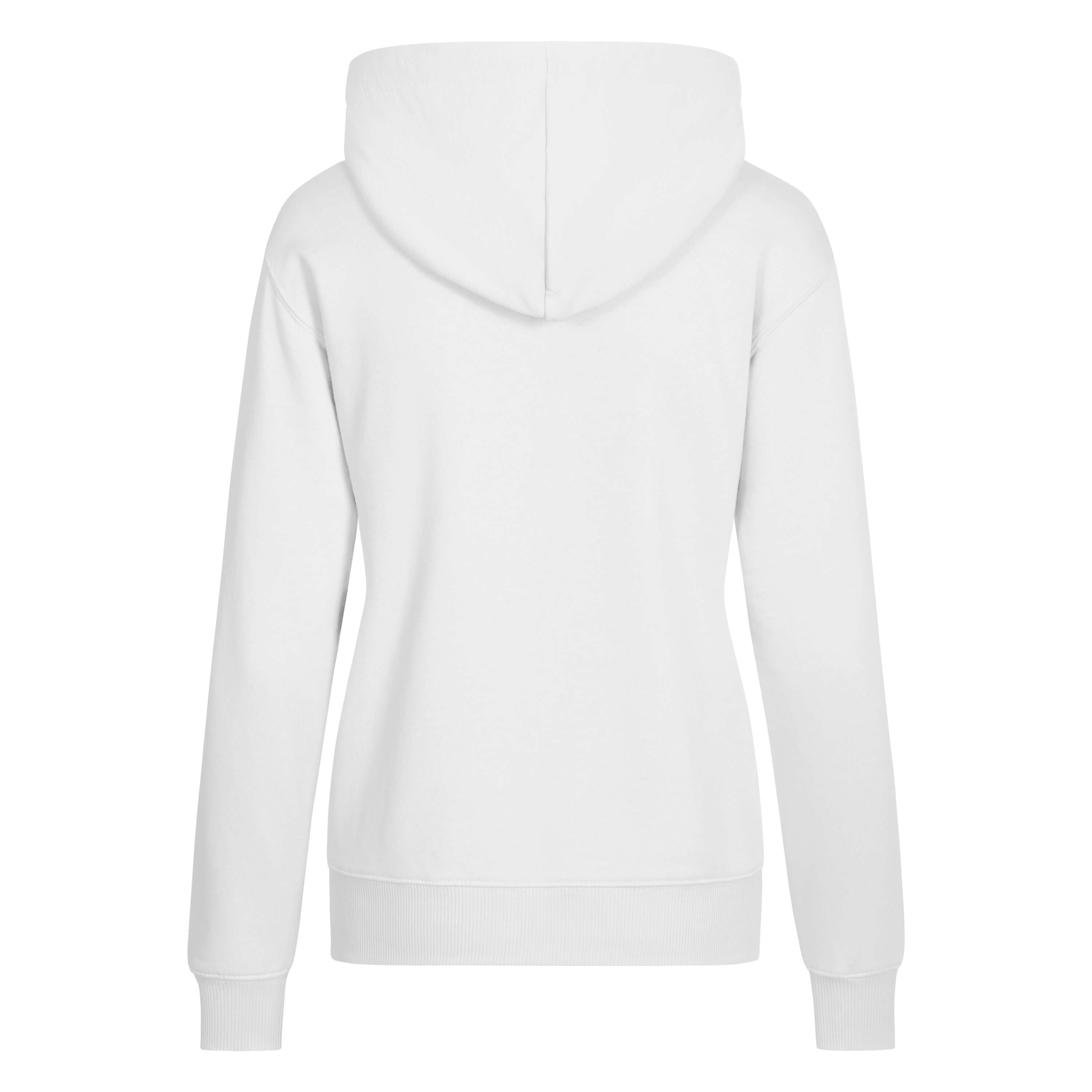 Rückansicht des Rumpf R4012 Dancer Hoodie in Weiss, mit Kapuze und langen Ärmeln, isoliert auf Weiß.