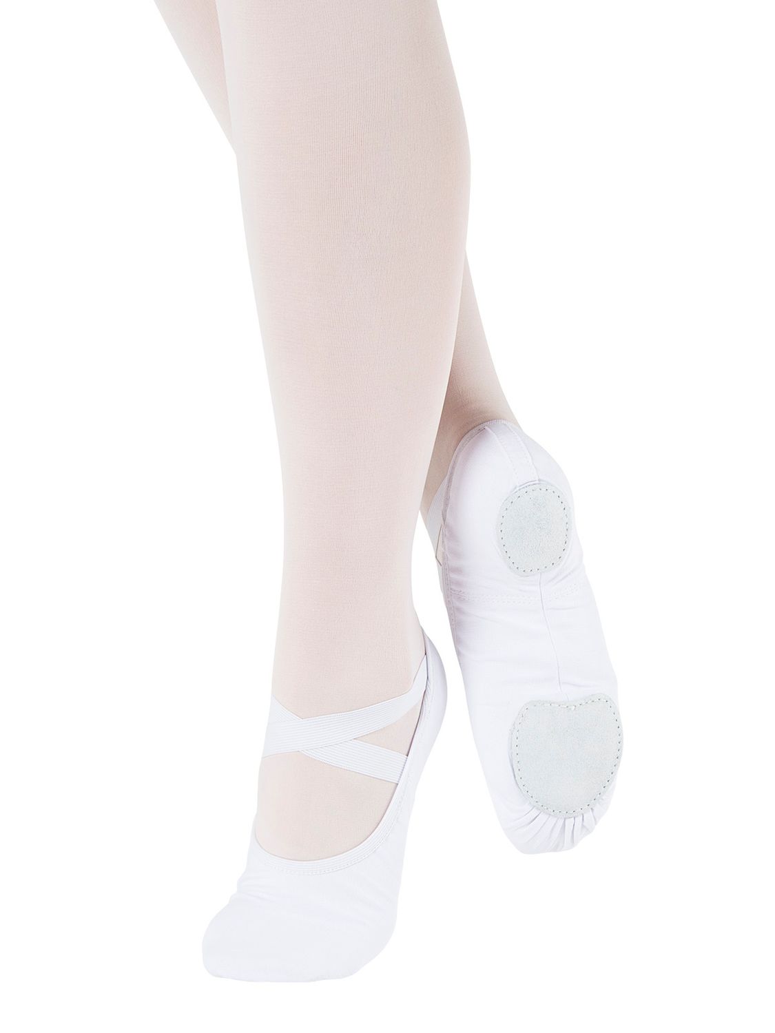 Beine einer Balletttänzerin in weißen Strumpfhosen und Rumpf SD16 Só Dança Ballettschläppchen anmutig gekreuzt.