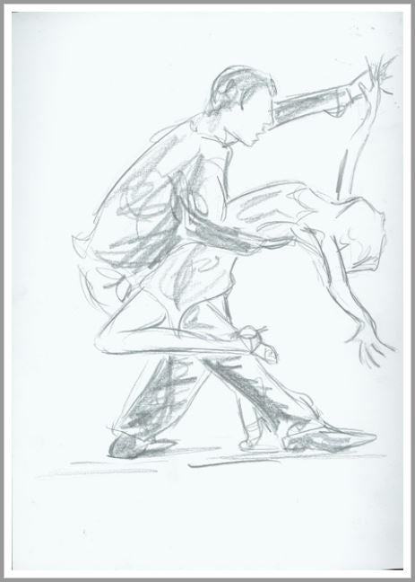 Skizze auf einer A6-Postkarte „Salsa“ von Corina: Zwei Tänzer tanzen leidenschaftlich, einer beugt sich nach vorne, während der andere sich nach hinten wölbt.