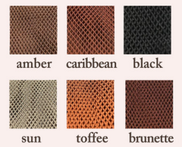 Die Strass-Haarnetze von Pridanza, die in einem Gitter angeordnet sind, sind in den Farben Bernstein, Karibik, Schwarz, Sonne, Toffee und Brünett erhältlich.