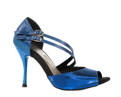 733 LUREX BLU glänzender Stöckelschuh mit gekreuzten Riemen, perfekt für Alvares-Tanzschuhe.