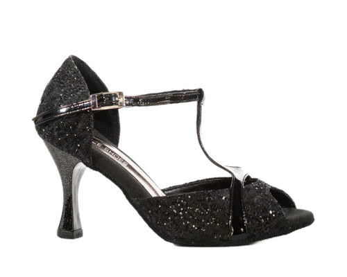 Schwarzer Glitzer-High-Heel mit T-Riemen und Schnalle von Alvares Dance Shoes, Modell 720 / 698 Black Lace und Black Paint.
