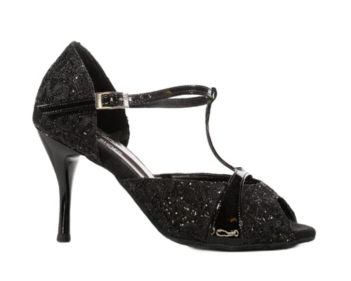 Schwarze Glitzer-Sandale mit hohem Absatz und Fesselriemchen, offene Spitze, von Alvares Dance Shoes: 720 / 698 Black Lace & Paint.