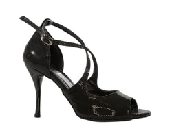 Alvares Dance Shoes‘ 738/486 LAME‘ NERO: schwarzer Riemchenschuh mit hohem Absatz, offener Spitze und Knöchelriemen.
