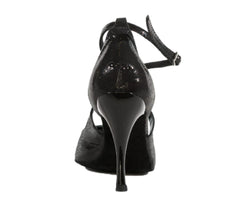 Alvares Tanzschuhe: Rückansicht des 738/486 LAME‘ NERO High Heel mit Fesselriemchen.
