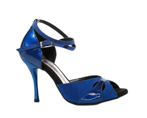 737 METALAK/CAMOSCIO BLU von Alvares Tanzschuhe: Blaue Sandale mit hohem Absatz und Knöchelriemen, glänzendes Finish, offene Spitze.