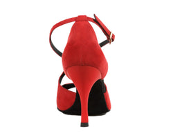 Rückansicht der Dancing Queens 736 Tanzschuhe in Rot Wildleder mit Knöchelriemen und schwarzer Sohle auf weißem Hintergrund.