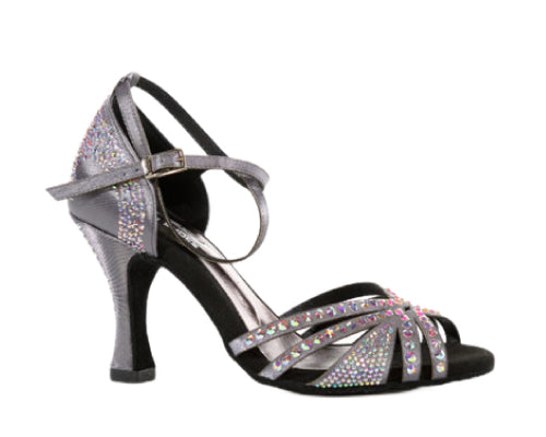 743 RASO CDF STRASS von Lidmag: Schwarzer Riemchen-Tanzschuh mit hohem Absatz, bunten Strasssteinen und Fesselriemchen.