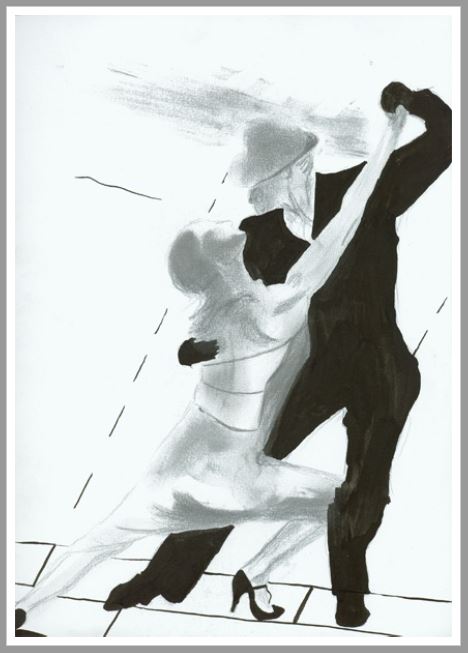 Die A6-Postkarte „Tango klassisch“ von Corina zeigt eine Tänzerin und Tänzerin, die elegant in Schwarz und Weiß tanzen.