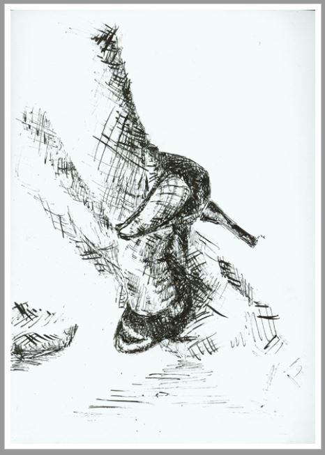 Die A6 Corina Postkarte Tanzschuh zeigt eine schraffierte Skizze des Fußes einer Tänzerin in High Heels mitten im Schritt.