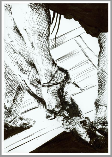 Corinas A6-Postkarte „Tanzschuhe“: Zwei Tänzer interagieren, einer bückt sich; schattierte Linien und strukturierte Details.