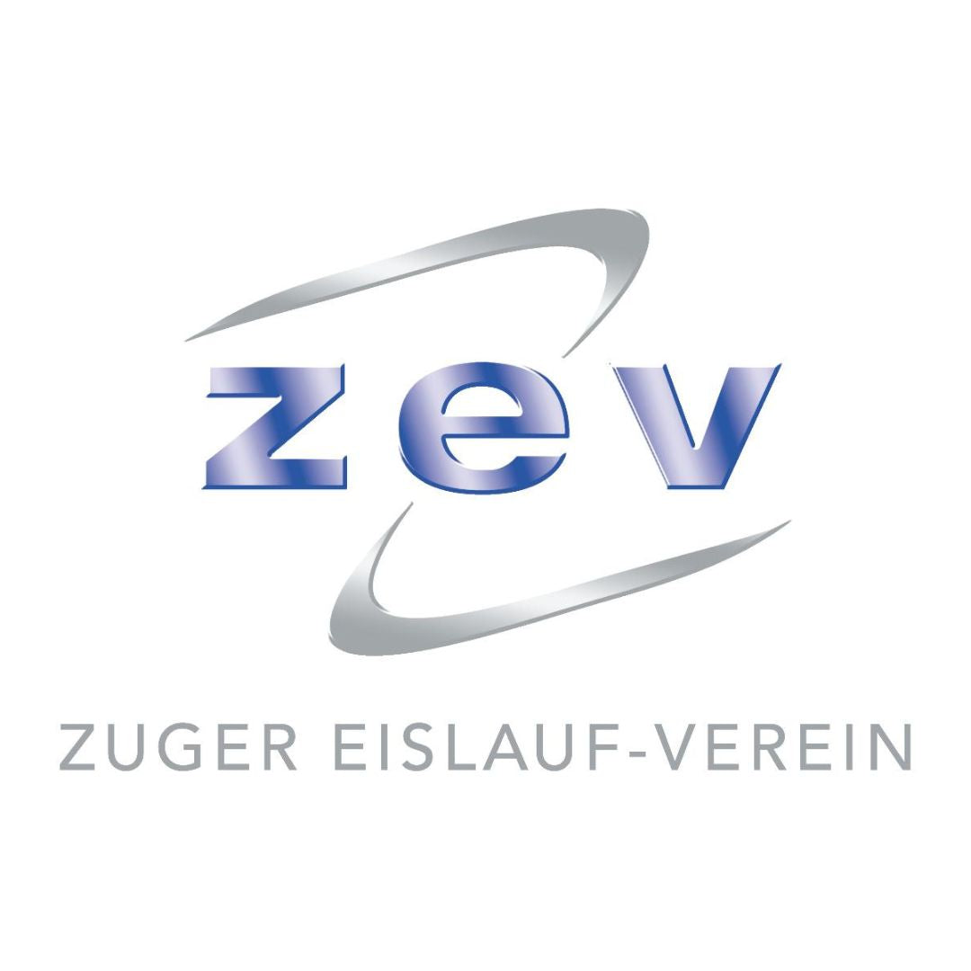 Logo für den Zuger Eislauf-Verein ZEV von Tanzkurse mit blauem Farbverlauf, silbernen Kurven und grauem Text.