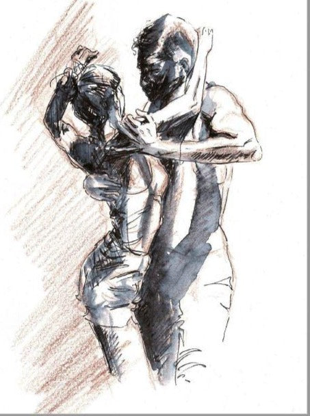 Die A6-Postkarte Bachata farbig von Corina zeigt ein eng tanzendes Paar, ideal für eine Geburtstagskarte.