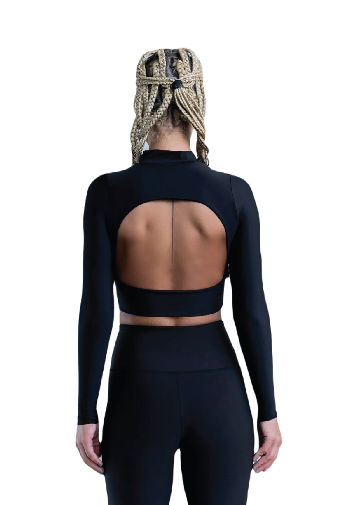 Eine Person präsentiert Lisminas 250 Extra High Waist Leggings in Schwarz mit offenem Oberteil vor weißem Hintergrund.