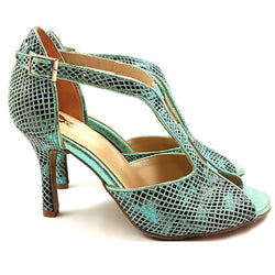 ESP11 Tanzschuhe in Türkis von Dancing Queens – High Heels mit Schlangenhautmuster, perfekt für Ihre Sammlung.