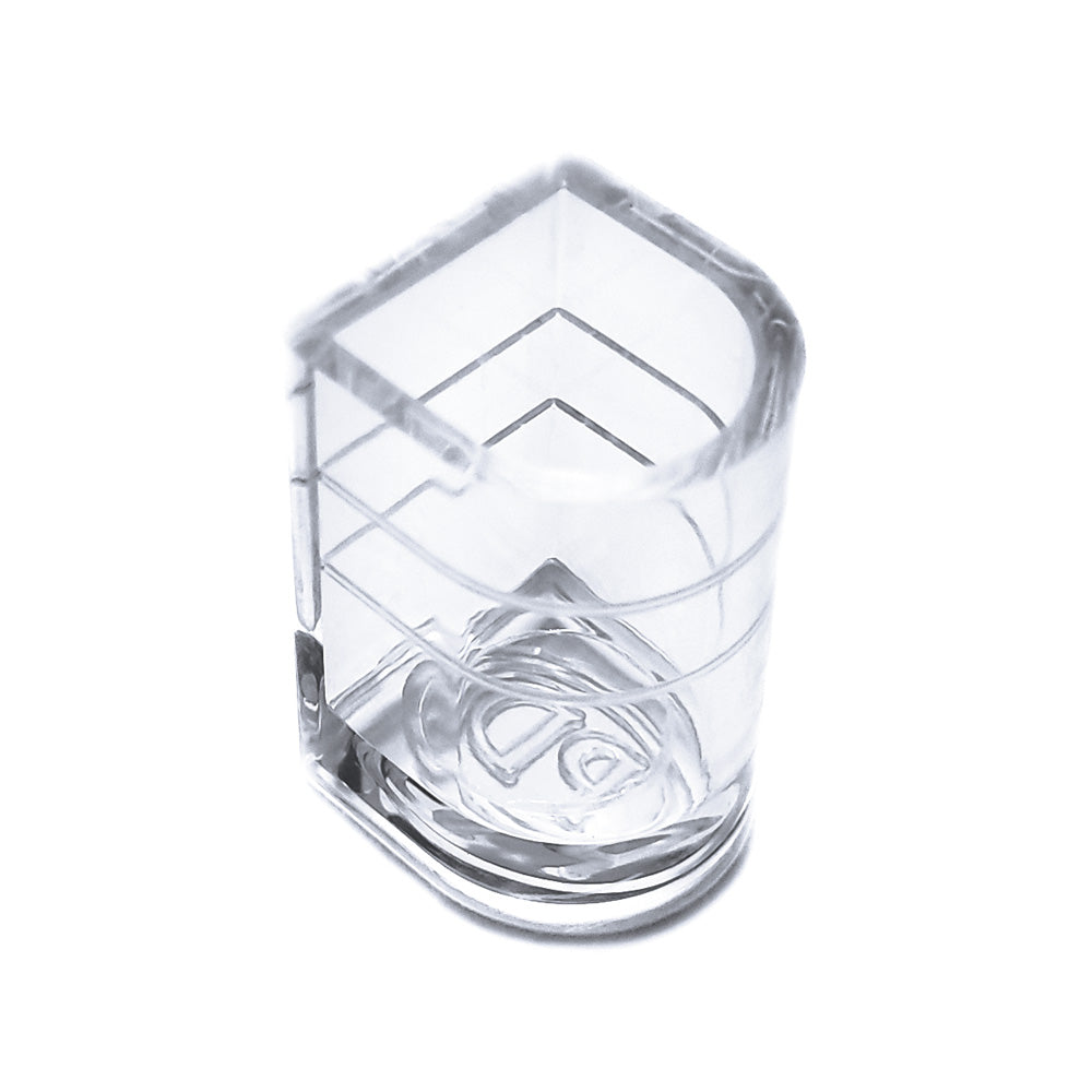 Transparenter Absatzschoner SL für Portdance von schräg oben betrachtet vor weißem Tanzschuhe-Hintergrund.