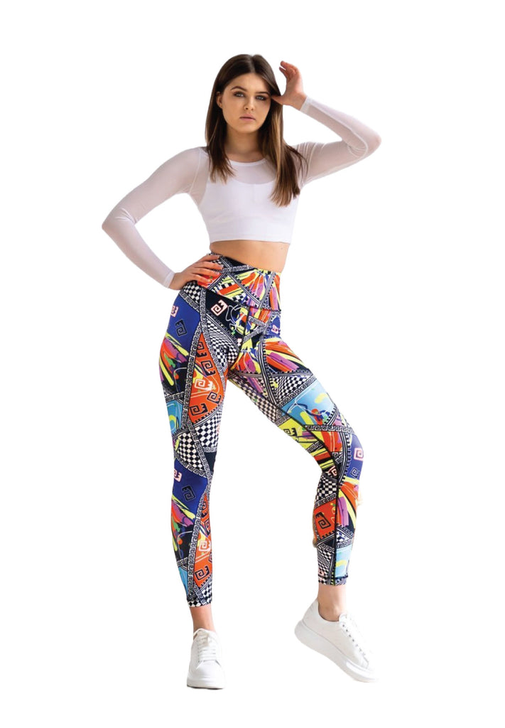 1189 Leggings de cintura alta estampadas en azul, blanco y rojo