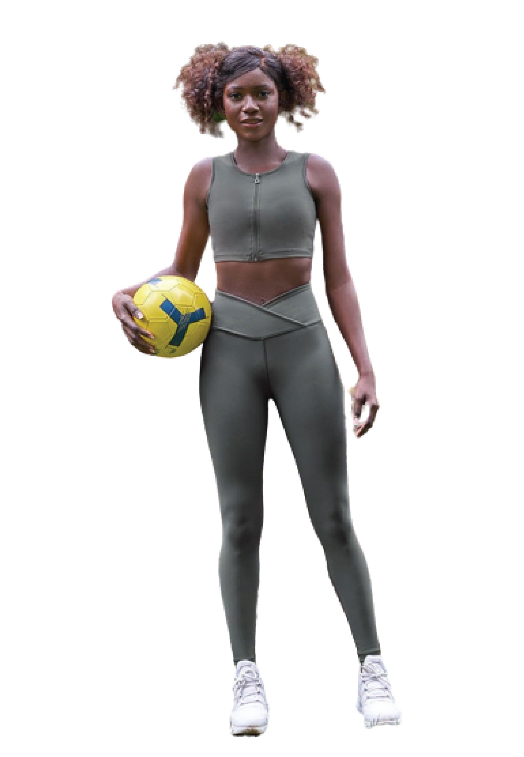 Eine Person in Lismina 1052 Extra Ve High Waist Leggings in Khaki hält einen gelben Ball vor einem schlichten weißen Hintergrund.