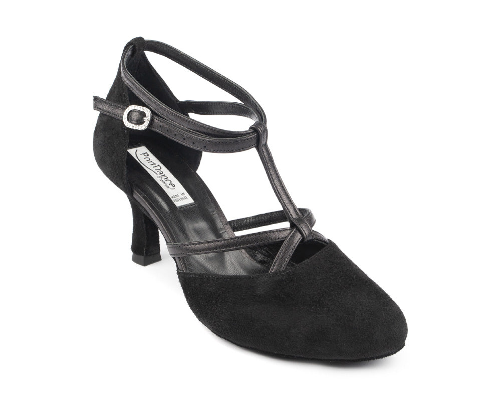 Portdance PD127 Nubuck Tanzschuhe in Schwarz: Hochhackiger Schuh mit Fesselriemchen und T-Steg für Eleganz.