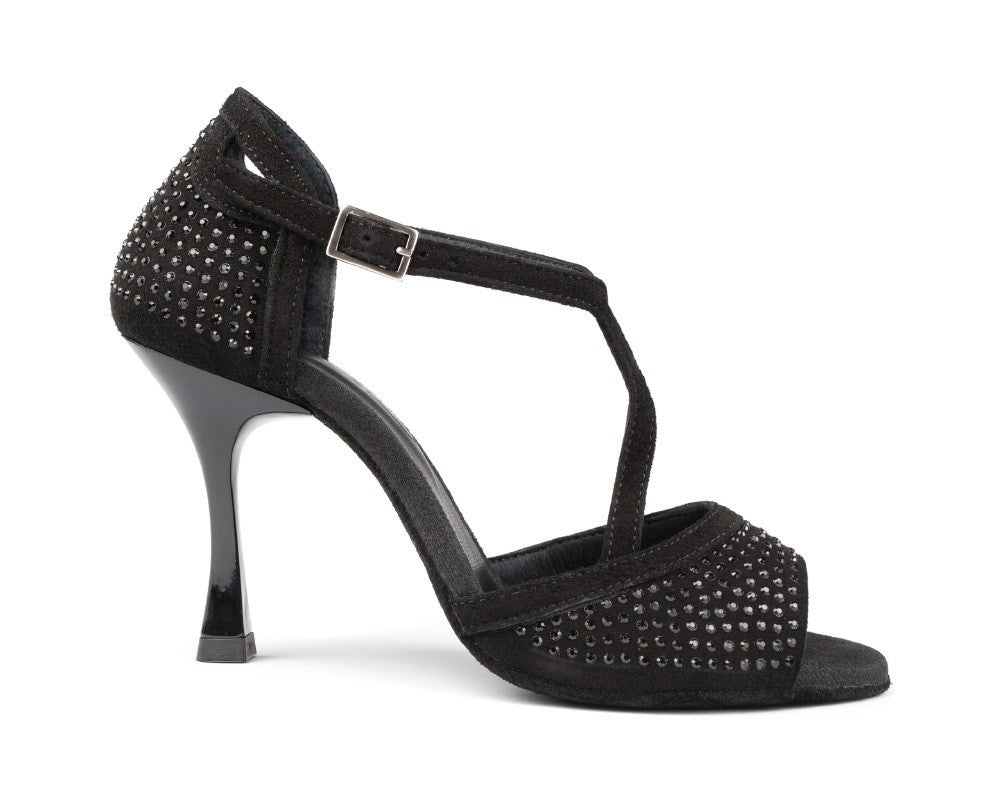 Portdance PD507 Tanzschuhe in Black Nubuck/Black Stones mit T-Strap-Design auf weißem Hintergrund.