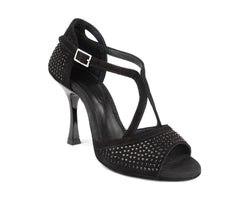 Portdance PD507 Schwarze Nubuk-Tanzschuhe mit T-Riemen und schwarzen Steinverzierungen.