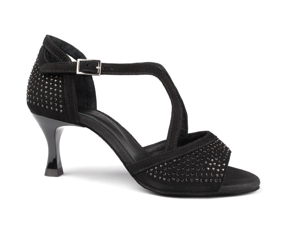 Portdance PD507 – Absatz aus schwarzem Nubukleder mit glitzernden Nieten, überkreuzten Riemen und Knöchelriemen mit Schnalle.