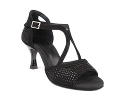 Portdance PD507 Tanzschuhe aus schwarzem Nubukleder mit Schnallenriemen und dezenten schwarzen Steinen für einen Hauch von Glamour.