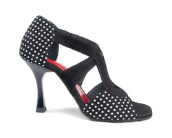 PD508 Tanzschuhe von Portdance: Schwarzes Nubukleder mit Tupfen, offener Spitze und Cut-Out-Design.