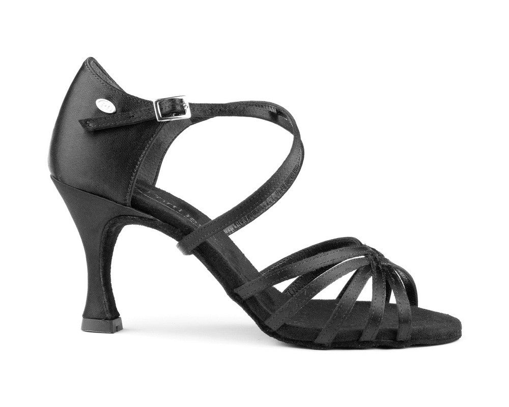 Portdance PD631 BASIC Tanzschuhe, schwarze Riemchen-Salsa-Sandale aus Satin mit Knöchelriemen und Schnalle.