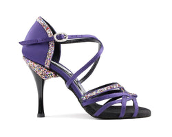 Portdance PD800 Tanzschuhe aus lila Satin mit glitzernden Riemchen und einer glänzenden Knöchelschnalle.
