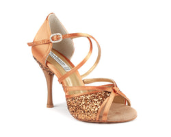 Portdances PD801 Tanzschuhe: Bronze Dark Satin, orangefarbene High Heels, glitzernde Details, Knöchelriemen.