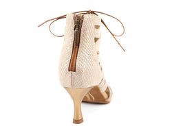 Rückansicht des Portdance PD804 Net Beige Gold Snake Tanzschuhs mit Reißverschluss und Schnürdetail.