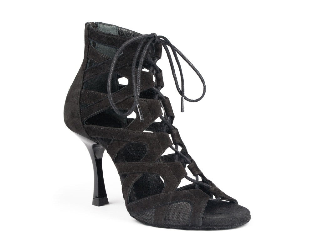 Portdance PD804 NET Tanzschuhe in Schwarz Nobuck Schnürsandale zeigt Eleganz auf weißem Hintergrund.