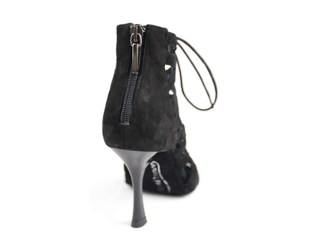 Rückansicht der PD804 NET Tanzschuhe in Black Nobuck von Portdance, elegant mit High Heels, Reißverschluss und Schnürdesign.