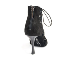 Rückansicht der PD804 NET Tanzschuhe in Black Nobuck von Portdance, elegant mit High Heels, Reißverschluss und Schnürdesign.
