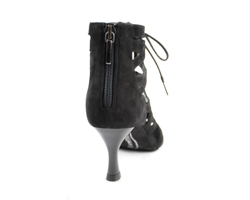 PD804 NET Tanzschuhe von Portdance: schwarze Nubuk-Heels mit Schnürung vorne, Reißverschluss hinten und eleganter Rückansicht.
