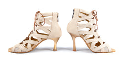 Beige-goldene Riemchen-Pumps mit Schlangenmuster, Reißverschlüssen und offenen Zehen von Portdance, Modell PD804 Net Tanzschuhe.