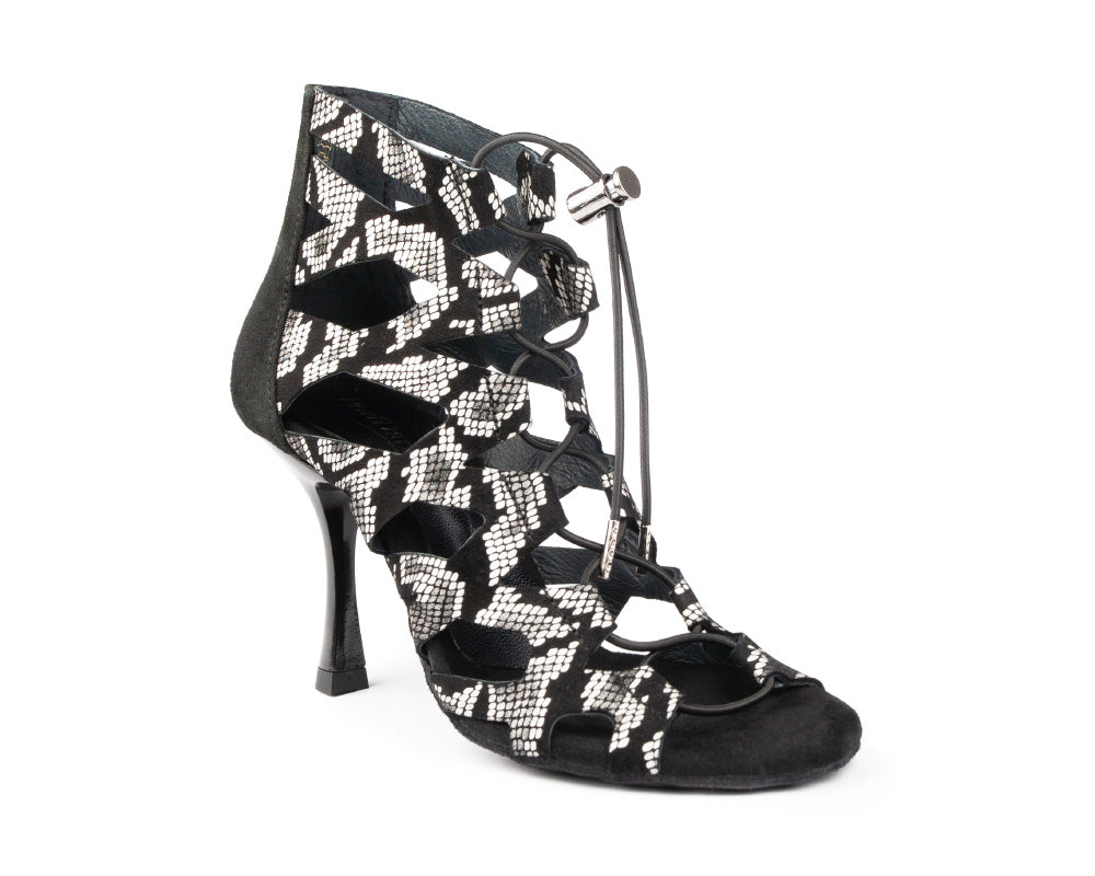 Portdance PD804 B Tanzschuhe in Schwarz/Weiß Schlange: High Heel zum Schnüren mit Aussparungen, Schlangenhautmuster und tanzbereiter Eleganz.