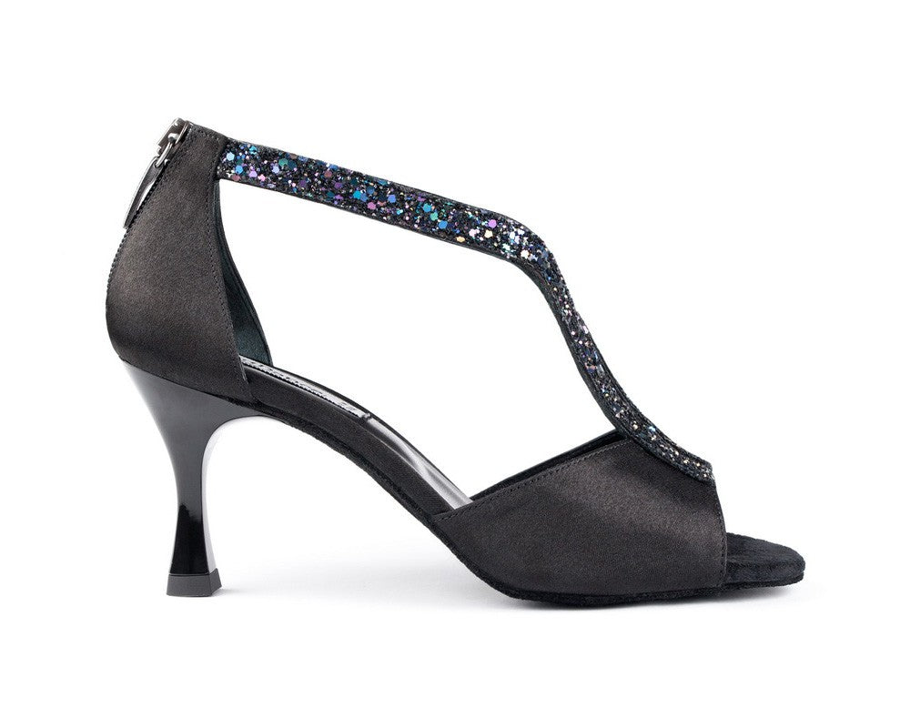 Portdance PD806 PRO Tanzschuhe: Mehrfarbige schwarze Sandale mit Absatz, Glitzerriemen und offenem Zehendesign.