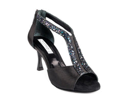 Schwarze Sandale mit hohem Absatz, Portdance PD806, mit silbernem Glitzerriemen, Reißverschluss und offenem Zehendesign.