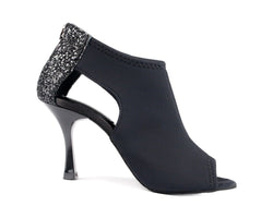 Portdance PD810 Salsa-taugliche schwarze Neopren-Pumps mit glitzerndem Absatz, offenem Zehendesign und seitlichen Aussparungen.