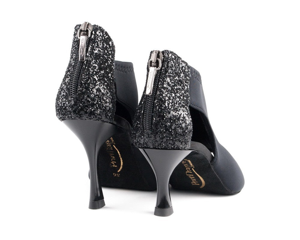 Portdance PD810 Schwarze Neopren-Tanzschuhe mit glitzernden silbernen Absätzen und Reißverschluss, ideal für Salsa-Nächte.