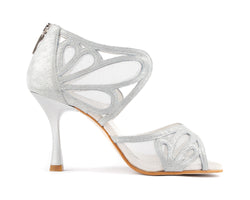 Silberne PDNEO 808 Tanzschuhe von Portdance mit Mesh-Einsätzen und Cut-out-Design, Seitenansicht.