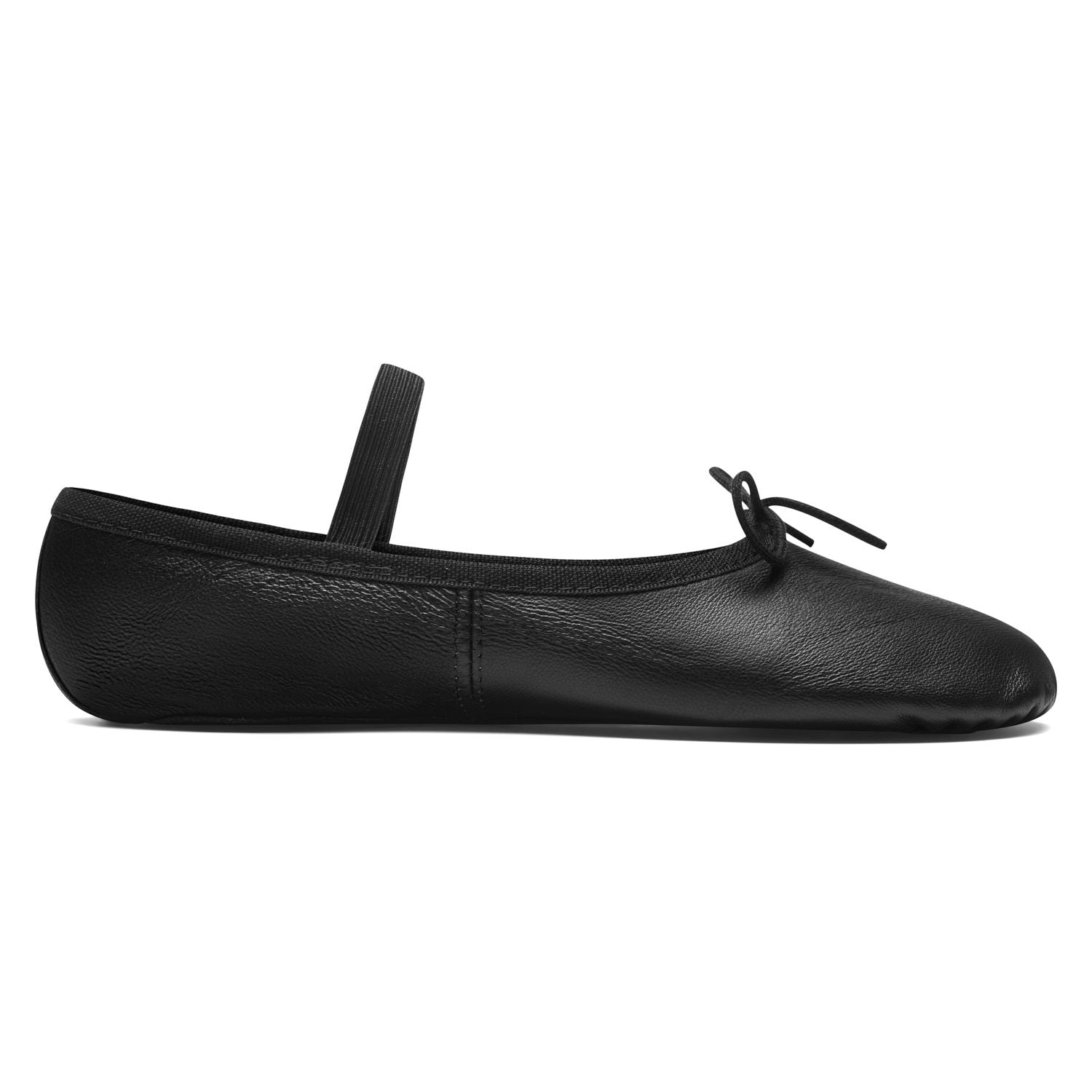 Rumpf's 1003 Ballettschläppchen Leder in Schwarz: schwarze Ballerinas mit elastischem Riemen und Schleife.